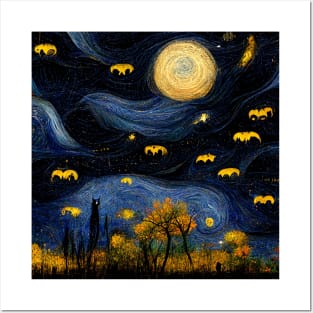 Halloween night with bats Van Gogh style, fall night background design Posters and Art